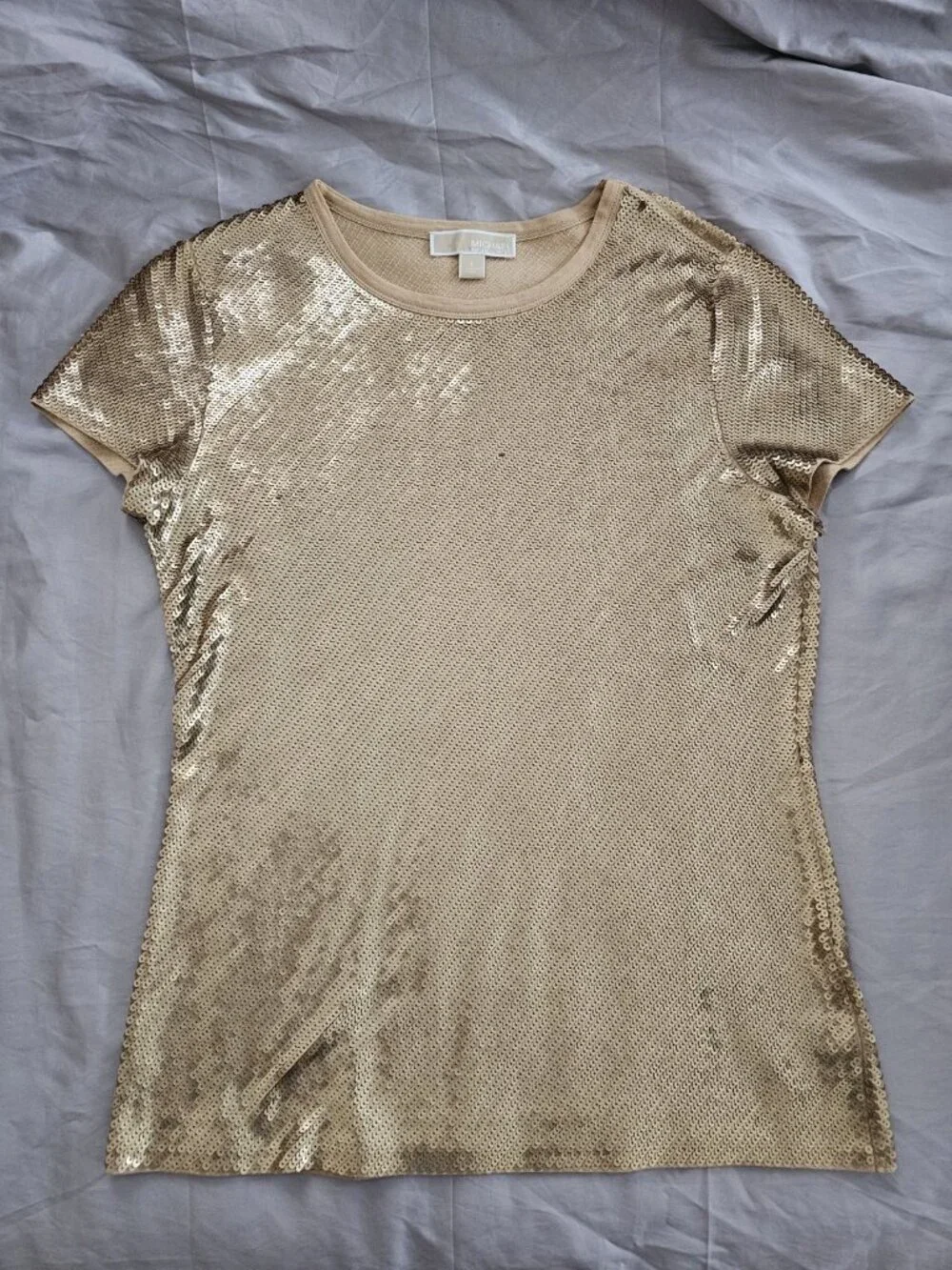 MICHAEL MICHAEL KORS Women's Crew Sequin T-Shirt, Golden, Large, Top Blouse